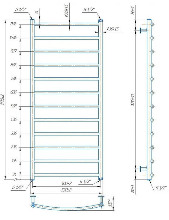 Водяна рушникосушка INOX Класік 1170х530/500 полірована  №3