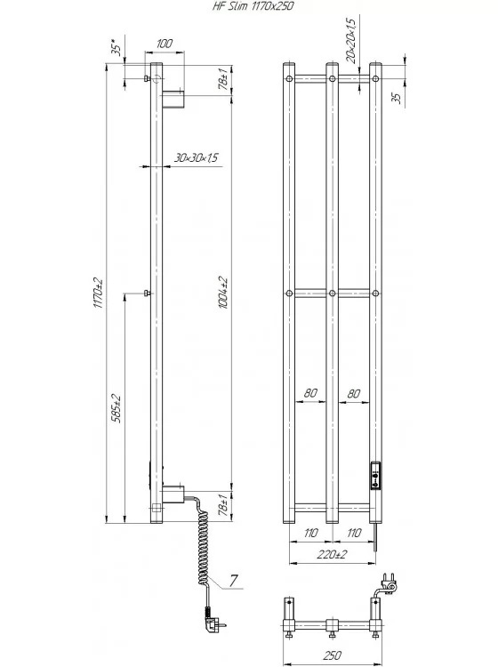 Електрична рушникосушка HF Slim 1170х250 TR K чорний мат чорний мат  №3
