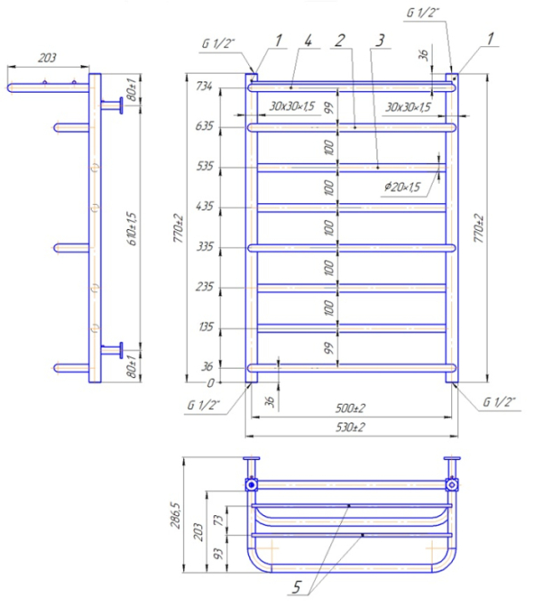 Водяна рушникосушарка INOX Люксор  770х530/500 з полицею полірована  №3